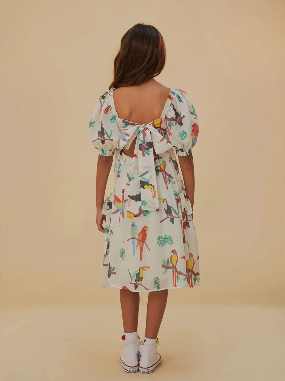 FARM Rio White Parrot Print Puff Sleeve Dress
